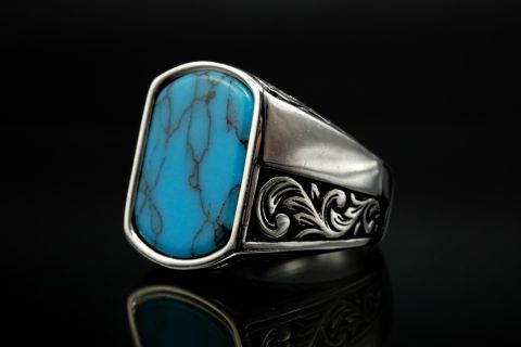 silver blue turquoise gemstone 925 sterling silver ring