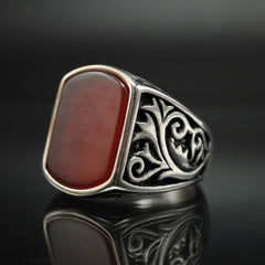 HANDMADE SILVER MEN RING IN RED AGATE GEMSTONE