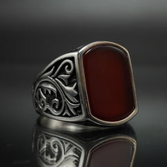 HANDMADE SILVER MEN RING IN 925 SILVER RED AGATE