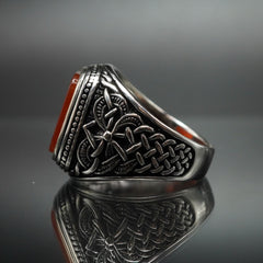 TURKISH HANDMADE SILVER RING FOR MEN IN RED AGATE
