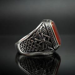 TURKISH HANDMADE SILVER RING FOR MEN IN RED AGATE