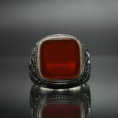 TURKISH HANDMADE SILVER RING FOR MEN IN RED AGATE
