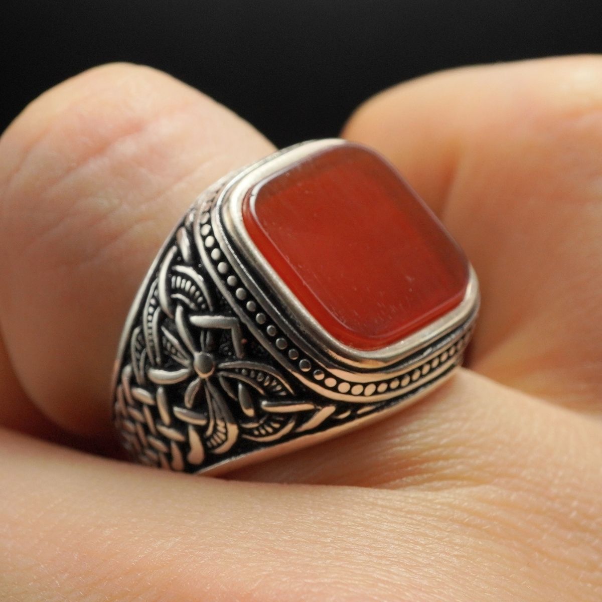 TURKISH HANDMADE SILVER RING FOR MEN IN RED AGATE