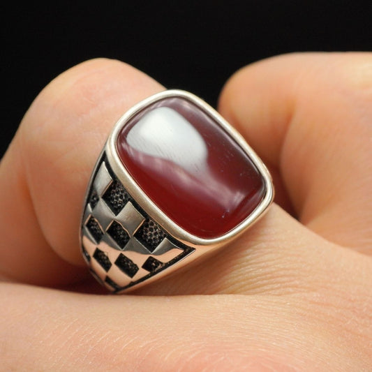 Red Agate Silver Ring