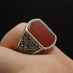 RED AGATE HANDMADE MEN RING IN 925 STERLING SILVER