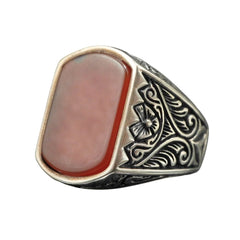 RED AGATE HANDMADE MEN RING IN 925 STERLING SILVER