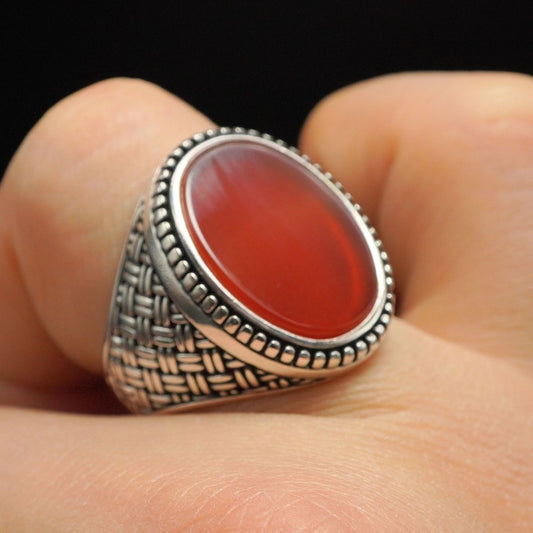 HANDMADE 925 STERLING SILVER OVAL AGATE RING FOR MEN