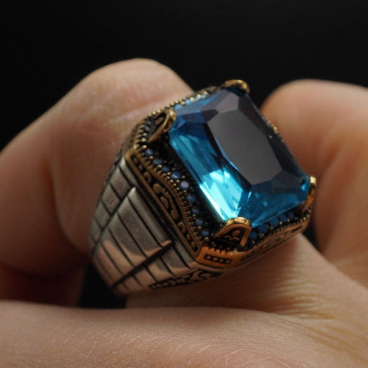 AQUAMARINE HANDMADE 925 SILVER RING FOR MEN