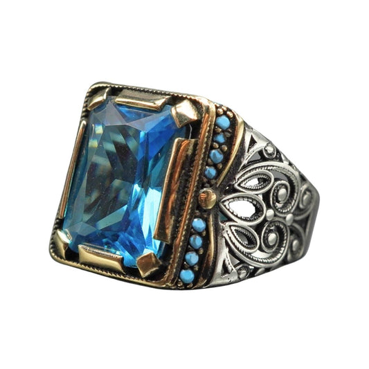 MEN HANDMADE BLUE AQUAMARINE GEMSTONE 925 STERLING SILVER RING