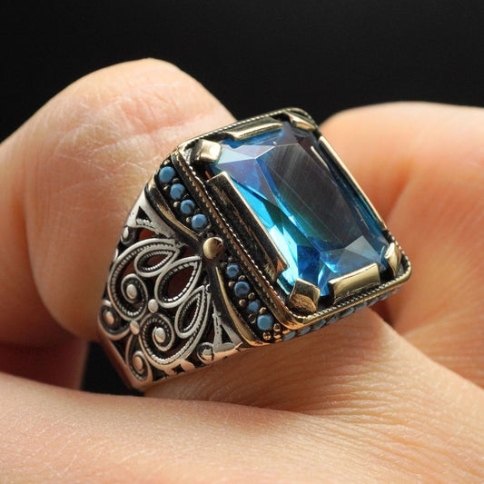 MEN HANDMADE BLUE AQUAMARINE GEMSTONE 925 STERLING SILVER RING