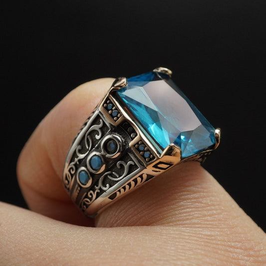 AQUAMARINE BLUE STONE 925 STERLING SILVER HANDMADE RING