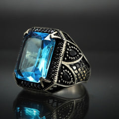 AQUAMARINE STONE MEN HANDMADE RING IN 925 STERLING SILVER