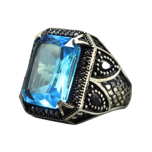 MEN HANDMADE AQUAMARINE GEMSTONE 925 STERLING SILVER RING