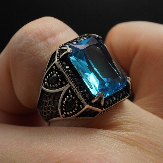 MEN HANDMADE AQUAMARINE GEMSTONE 925 STERLING SILVER RING