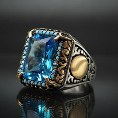 BLUE AQUAMARINE 925 STERLING SILVER MEN HANDMADE RING