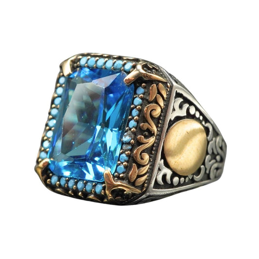 MEN HANDMADE AQUAMARINE GEMSTONE 925 STERLING SILVER RING