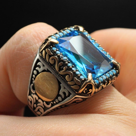 MEN HANDMADE AQUAMARINE GEMSTONE 925 STERLING SILVER RING