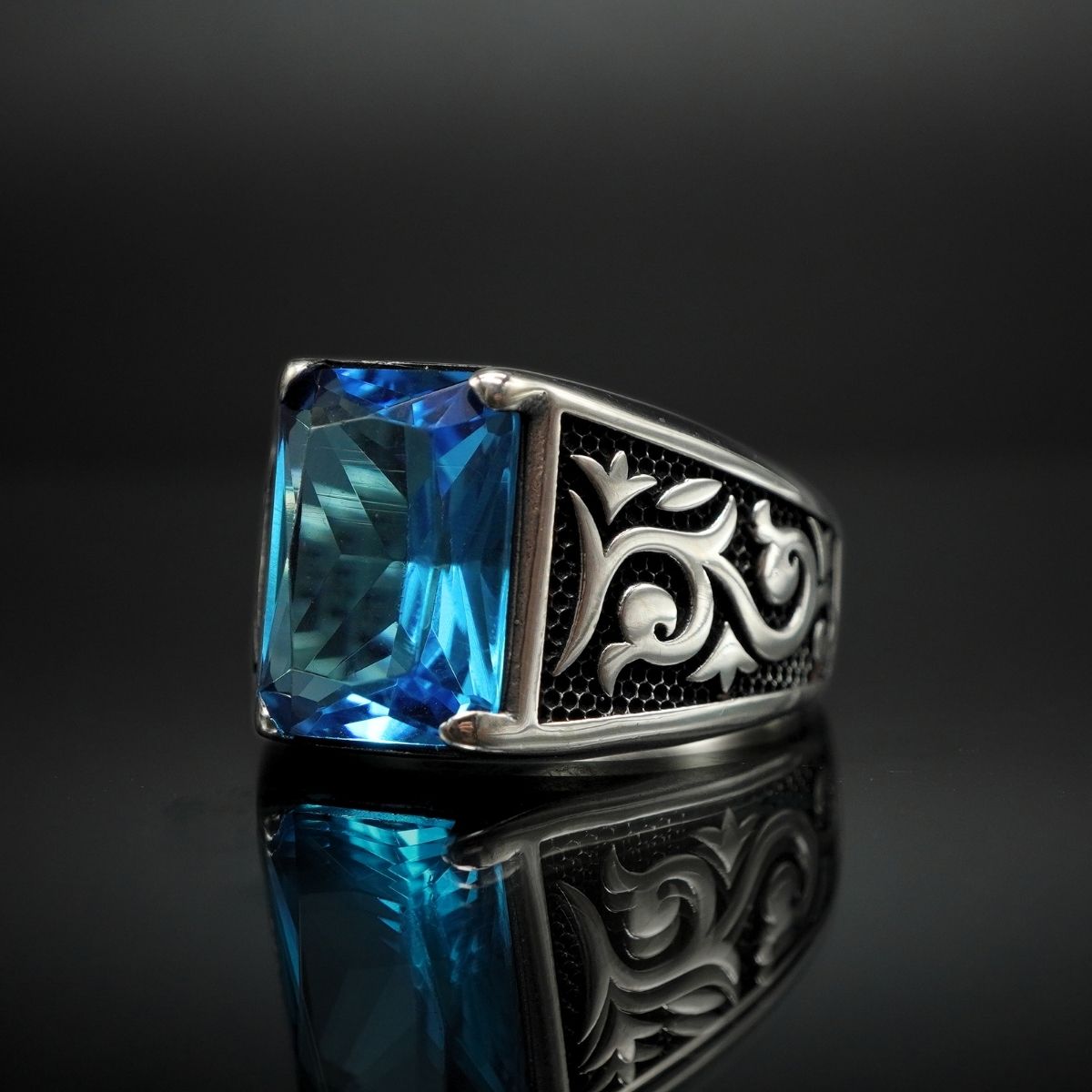 AQUAMARINE GEMSTONE 925 STERLING SILVER RING FOR MEN