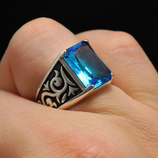 AQUAMARINE GEMSTONE 925 STERLING SILVER HANDMADE RING