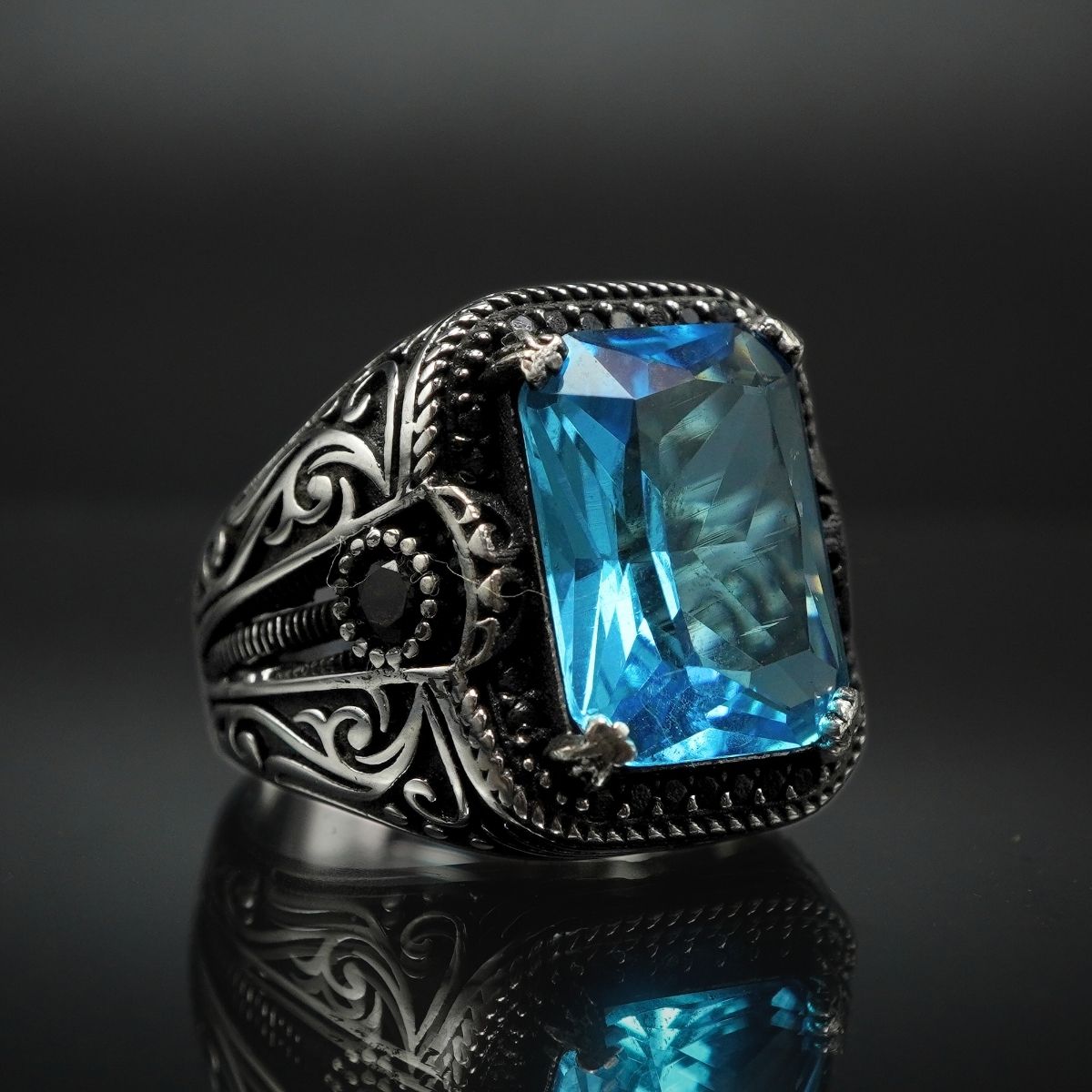 MEN HANDMADE BLUE AQUAMARINE STONE IN 925 STERLING SILVER