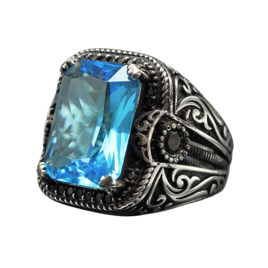 MEN HANDMADE BLUE AQUAMARINE STONE IN 925 STERLING SILVER
