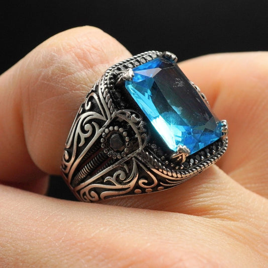 MEN HANDMADE BLUE AQUAMARINE STONE IN 925 STERLING SILVER