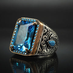 925 STERLING SILVER BLUE AQUAMARINE GEMSTONE RING FOR MEN
