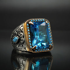 925 STERLING SILVER BLUE AQUAMARINE GEMSTONE RING FOR MEN