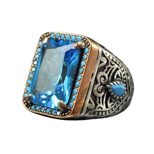 925 STERLING SILVER BLUE AQUAMARINE GEMSTONE RING FOR MEN