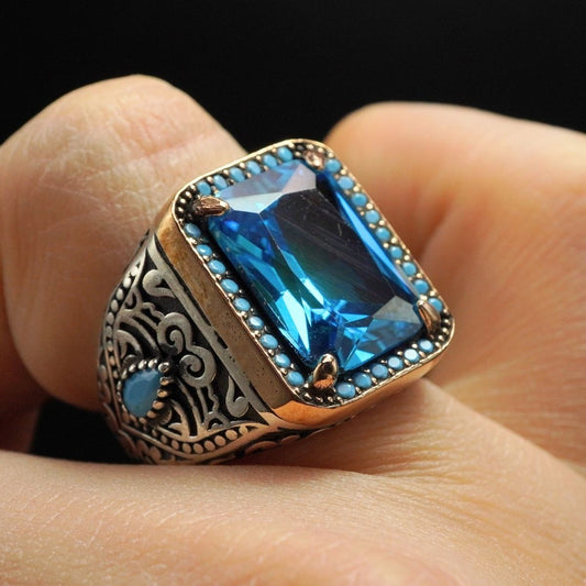 925 STERLING SILVER BLUE AQUAMARINE GEMSTONE RING FOR MEN