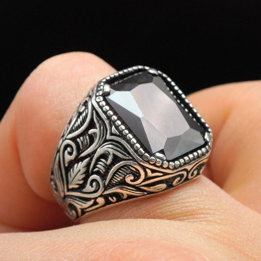 ONYX BLACK GEMSTONE 925 STERLING SILVER RING FOR MEN