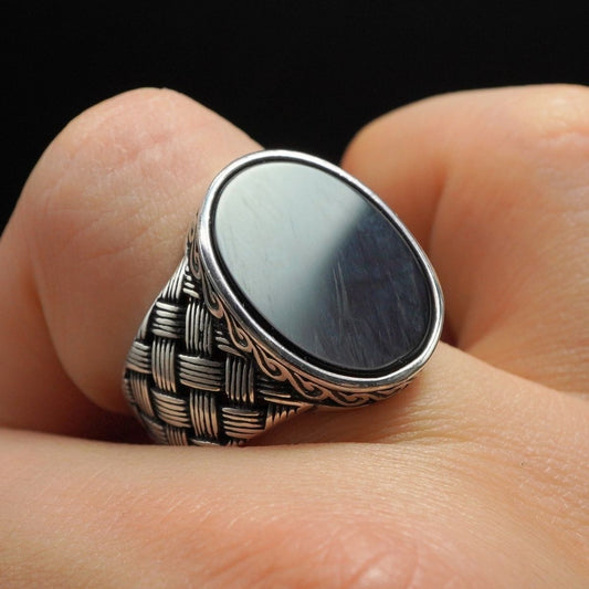 OVAL BLACK ONYX GEMSTONE 925 STERLING SILVER HANDMADE RING