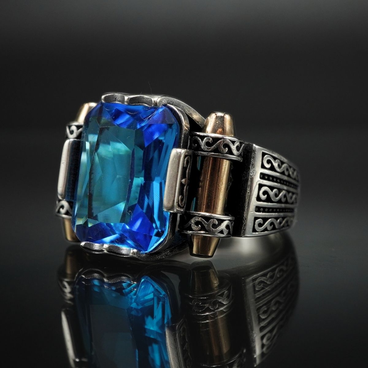 BLUE AQUAMARINE RING FOR MEN IN 925 SILVER