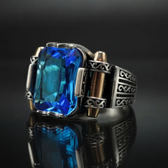 BLUE AQUAMARINE RING FOR MEN IN 925 SILVER