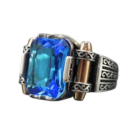 AQUAMARINE SILVER MEN RING IN 925 STERLING SILVER