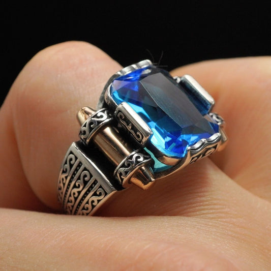 AQUAMARINE SILVER MEN RING IN 925 STERLING SILVER