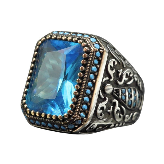 MEN HANDMADE AQUAMARINE GEMSTONE 925 STERLING SILVER RING