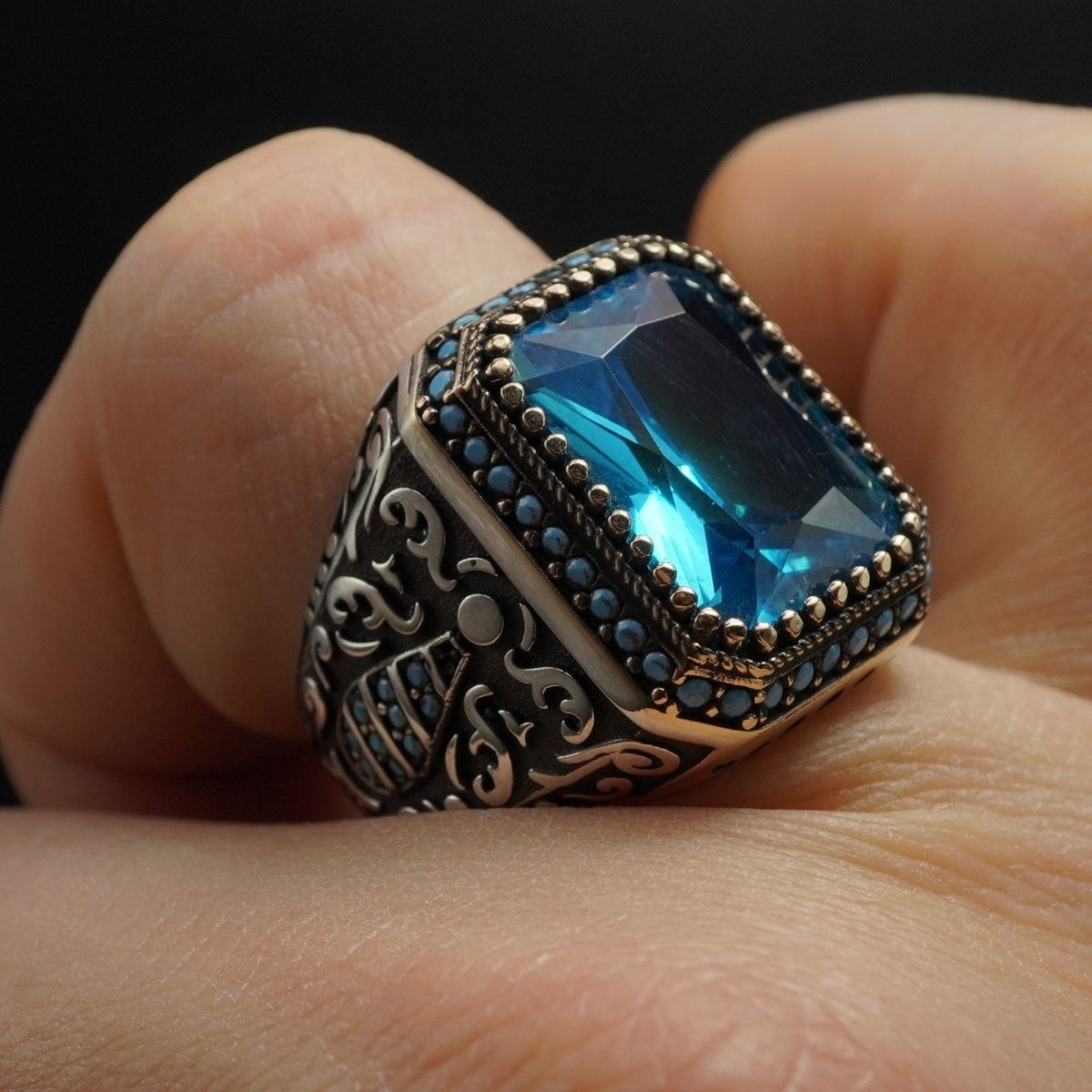 MEN HANDMADE AQUAMARINE GEMSTONE 925 STERLING SILVER RING