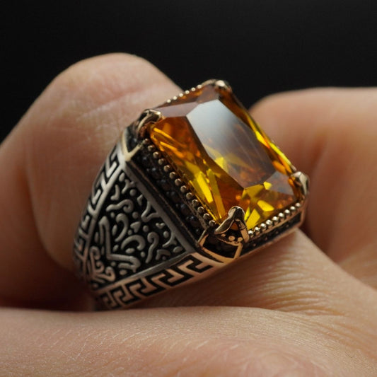 CITRINE RING FOR MEN TURKISH HANDMADE IN 925 STERLING SILVER