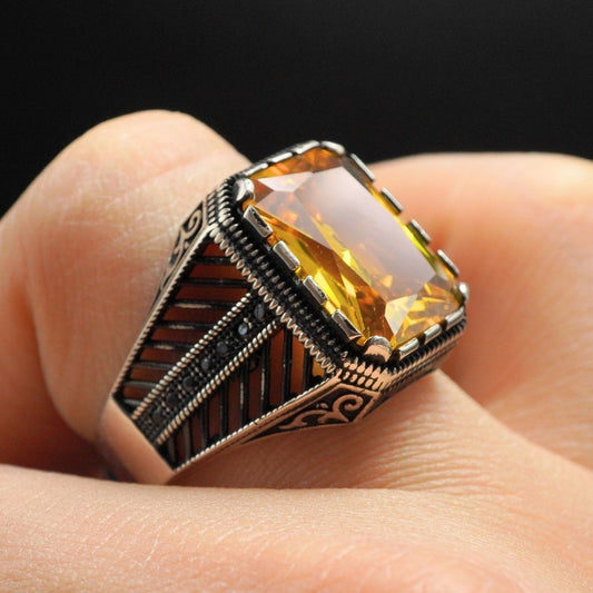 MEN HANDMADE CITRINE GEMSTONE 925 STERLING SILVER RING