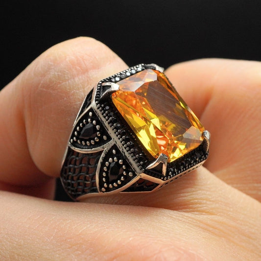 CITRINE STONE MEN HANDMADE RING IN 925 STERLING SILVER