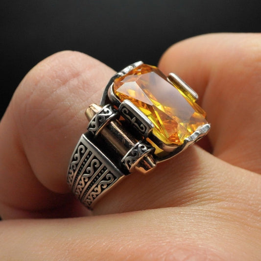 YELLOW CITRINE RING FOR MEN IN 925 SILVER