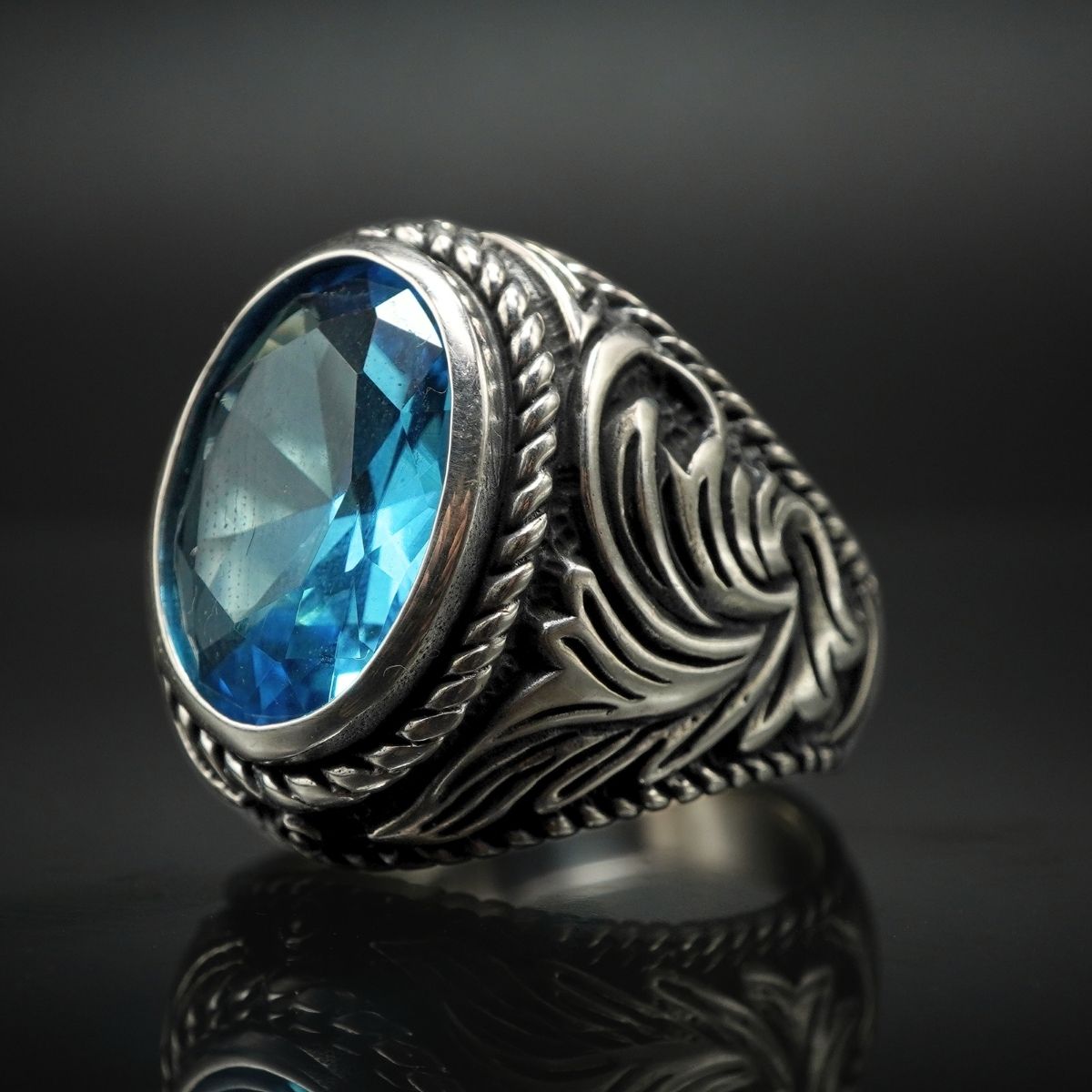 BLUE AQUAMARINE RING HANDMADE 925 STERLING SILVER