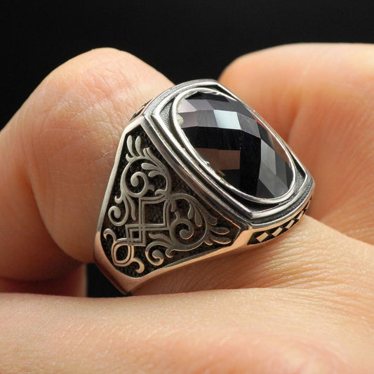 MEN HANDMADE ONYX GEMSTONE 925 STERLING SILVER RING 