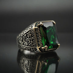 GREEN EMERALD RING FOR MEN IN 925 STERLING SILVER