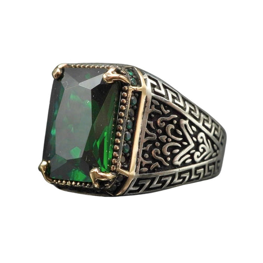 GREEN EMERALD RING FOR MEN IN 925 STERLING SILVER