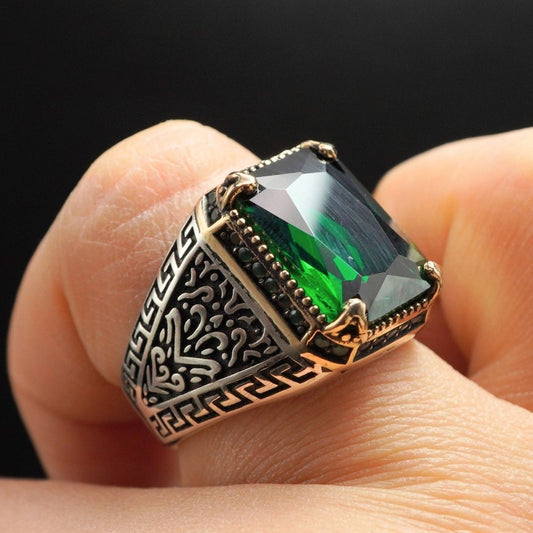 GREEN EMERALD RING FOR MEN IN 925 STERLING SILVER
