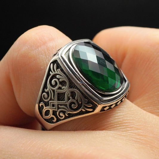 MEN HANDMADE 925 STERLING SILVER RING IN EMERALD