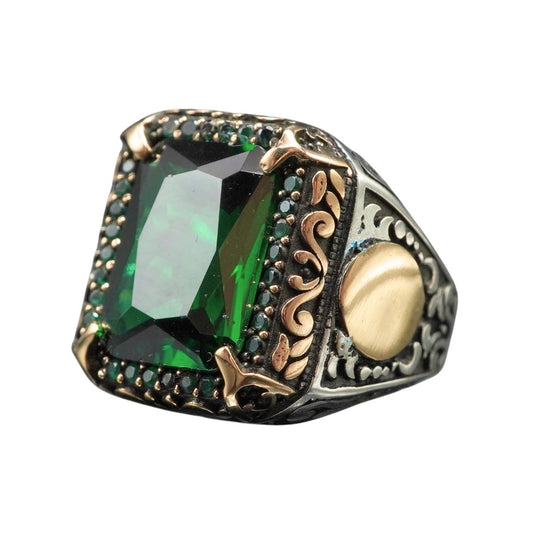 GREEN EMERALD GEMSTONE 925 STERLING SILVER RING FOR MEN