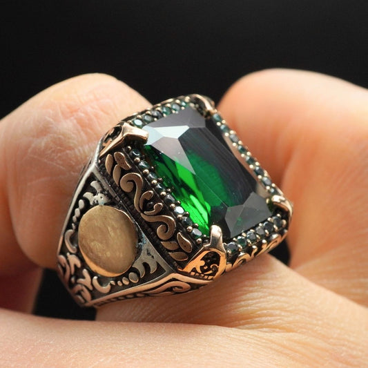 GREEN EMERALD GEMSTONE 925 STERLING SILVER RING FOR MEN